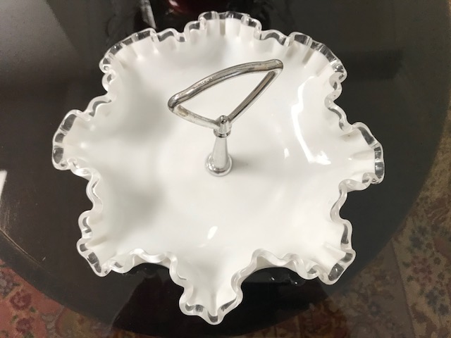 Fenton white glass with top handle